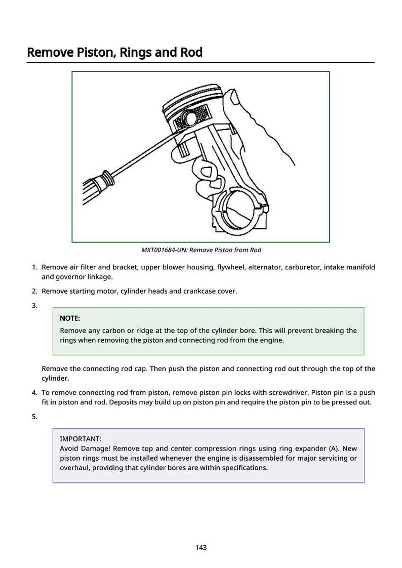 May include: Diagram illustrating the removal of a piston, rings, and rod from an engine. The image includes a detailed drawing of the piston and connecting rod, accompanied by instructions and notes on the procedure.