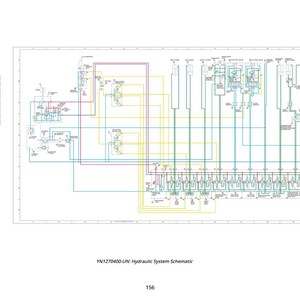 Może przedstawiać: Szczeg&oacute;łowy schemat systemu hydraulicznego z r&oacute;żnymi kolorowymi liniami i symbolami. Schemat zawiera etykiety tekstowe i tytuł, kt&oacute;ry brzmi "YN1270400-UN: Hydraulic System Schematic". Schemat znajduje się na białym tle.