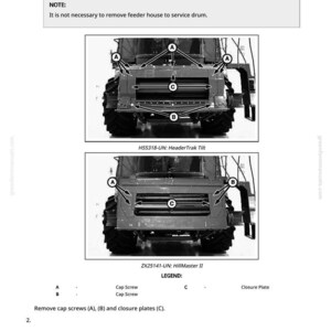 May include: Diagram illustrating the removal and installation of a conveyor drum. The image shows two diagrams of a machine's front, with labels A, B, and C pointing to specific parts. Text indicates cap screws and closure plates.