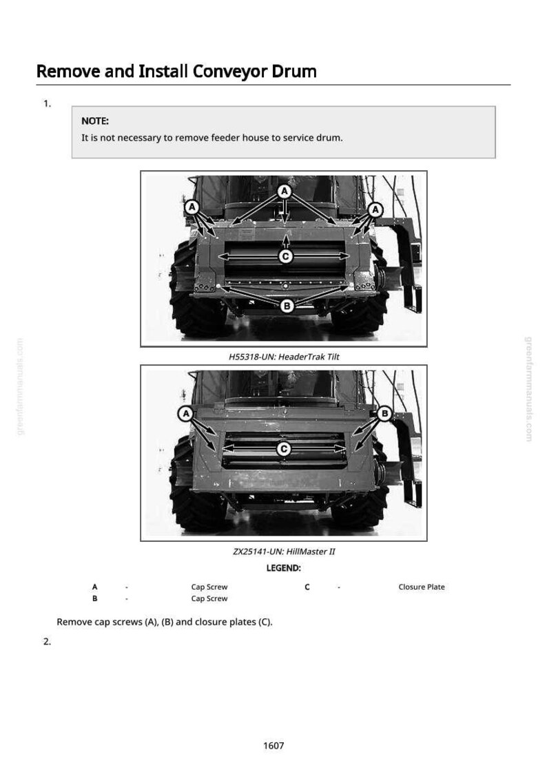 May include: Diagram illustrating the removal and installation of a conveyor drum. The image shows two diagrams of a machine's front, with labels A, B, and C pointing to specific parts. Text indicates cap screws and closure plates.