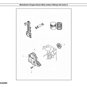 May include: Line drawing of engine components, including a connecting rod, piston, and engine block. The image also includes the text "Motorblock II Engine block II Bloc moteur II Bloque del motor II" and the Weidemann logo.