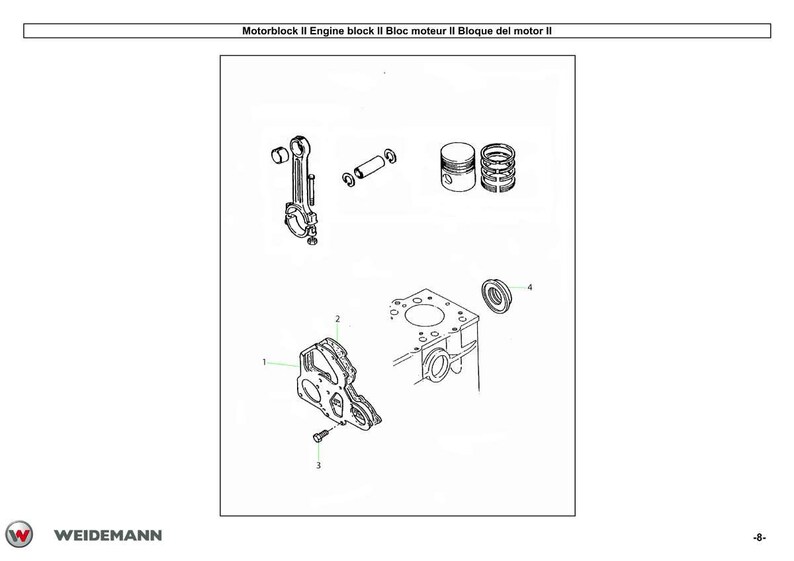 May include: Line drawing of engine components, including a connecting rod, piston, and engine block. The image also includes the text "Motorblock II Engine block II Bloc moteur II Bloque del motor II" and the Weidemann logo.