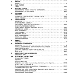 May include: A page from a manual titled "Table of Contents." The document lists various sections including Engine, Fuel System, Electric System, Steering, Transmission, Brakes, Hydraulic Components, Adjustments, and Electronic Controllers.
