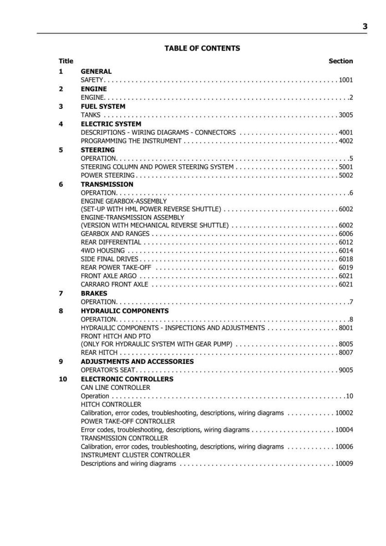 May include: A page from a manual titled "Table of Contents." The document lists various sections including Engine, Fuel System, Electric System, Steering, Transmission, Brakes, Hydraulic Components, Adjustments, and Electronic Controllers.