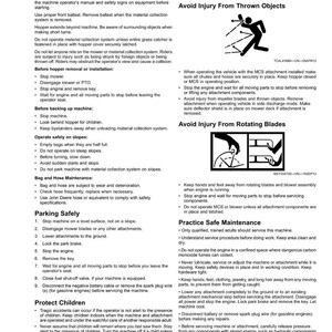 Puede incluir: Una p&aacute;gina de un manual de seguridad con texto e ilustraciones. El texto proporciona instrucciones sobre el funcionamiento y el mantenimiento seguros de la maquinaria, incluyendo c&oacute;mo evitar lesiones por objetos lanzados y cuchillas giratorias. El manual tambi&eacute;n cubre el estacionamiento y la protecci&oacute;n de los ni&ntilde;os.
