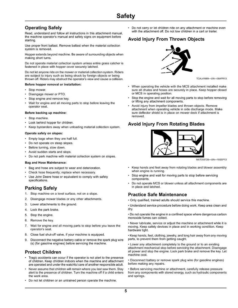 Puede incluir: Una p&aacute;gina de un manual de seguridad con texto e ilustraciones. El texto proporciona instrucciones sobre el funcionamiento y el mantenimiento seguros de la maquinaria, incluyendo c&oacute;mo evitar lesiones por objetos lanzados y cuchillas giratorias. El manual tambi&eacute;n cubre el estacionamiento y la protecci&oacute;n de los ni&ntilde;os.