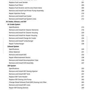 May include: A detailed table of contents from a manual, listing automotive repair procedures. Sections include Fuel System, Air Intake, Exhaust, DEF, and Cooling System. Each section has specific procedures with page numbers, such as removing and installing components.