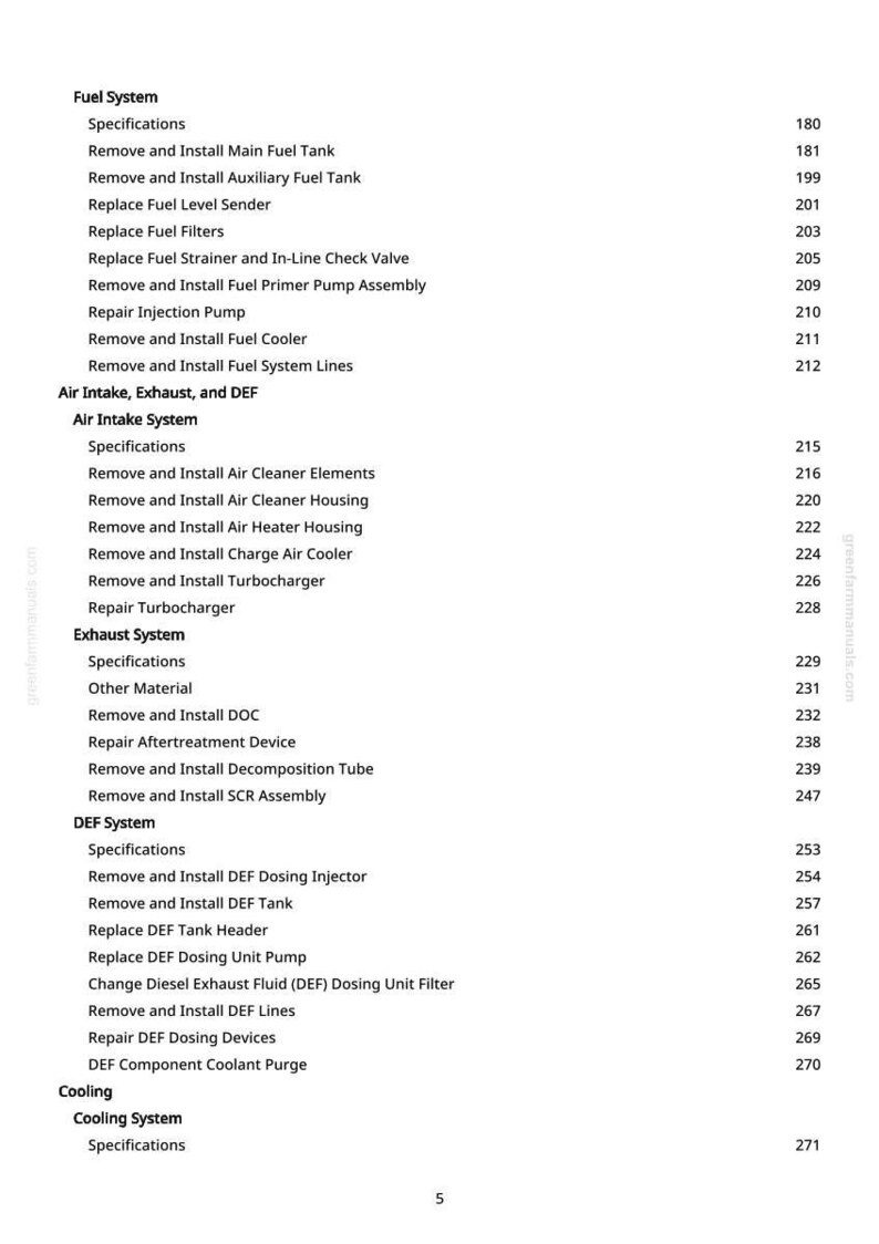 May include: A detailed table of contents from a manual, listing automotive repair procedures. Sections include Fuel System, Air Intake, Exhaust, DEF, and Cooling System. Each section has specific procedures with page numbers, such as removing and installing components.