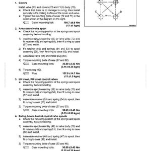 Puede incluir: Una p&aacute;gina de un manual que detalla el desmontaje y montaje de una v&aacute;lvula de control. El texto incluye instrucciones para cubiertas, carretes de v&aacute;lvula de control de brazo y v&aacute;lvulas de control de desplazamiento LH, con especificaciones de par en Newton metros.