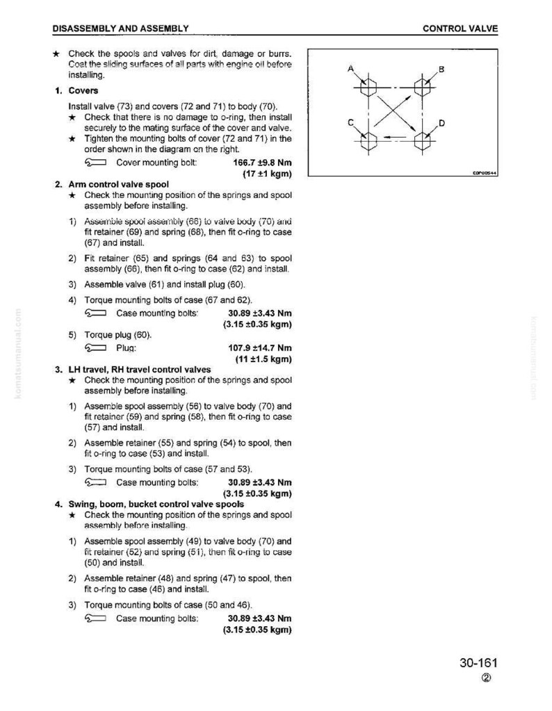 Puede incluir: Una p&aacute;gina de un manual que detalla el desmontaje y montaje de una v&aacute;lvula de control. El texto incluye instrucciones para cubiertas, carretes de v&aacute;lvula de control de brazo y v&aacute;lvulas de control de desplazamiento LH, con especificaciones de par en Newton metros.