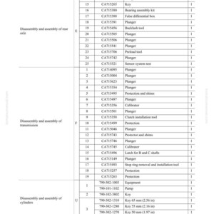 Może przedstawiać: Szczeg&oacute;łowy schemat techniczny zatytułowany "Demontaż i montaż" z "Listą narzędzi specjalnych". Tabela zawiera komponenty, symbole, numery części i nazwy części, z wymiarami w mm.
