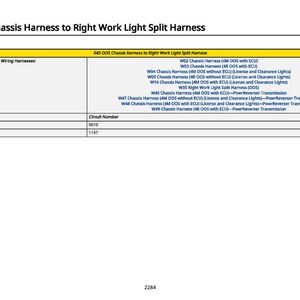 Pu&ograve; includere: Schema dei cablaggi per l'X45 OOS Chassis to Right Work Light Split Harness. Lo schema include una tabella con i dettagli dei cablaggi, i numeri dei circuiti e le informazioni sui terminali. Testo nero su sfondo bianco.