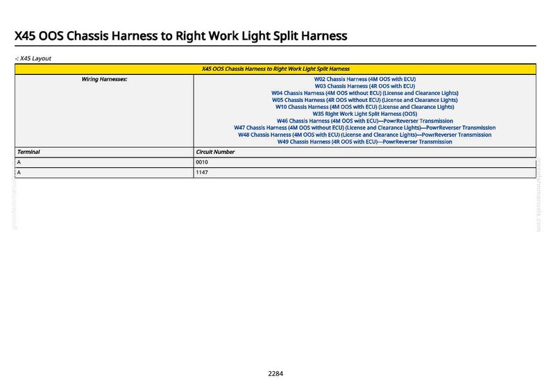 Pu&ograve; includere: Schema dei cablaggi per l'X45 OOS Chassis to Right Work Light Split Harness. Lo schema include una tabella con i dettagli dei cablaggi, i numeri dei circuiti e le informazioni sui terminali. Testo nero su sfondo bianco.