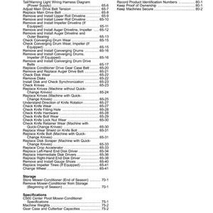 May include: A page from a manual with a table of contents. The text includes titles such as "Tail/Warning Light Wiring Harness Diagram" and "Keep Machines Secure". The page numbers are listed on the right.
