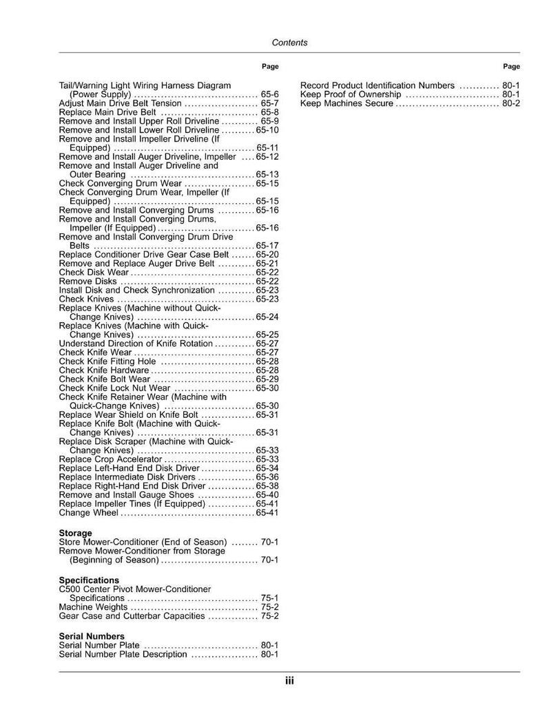 May include: A page from a manual with a table of contents. The text includes titles such as "Tail/Warning Light Wiring Harness Diagram" and "Keep Machines Secure". The page numbers are listed on the right.
