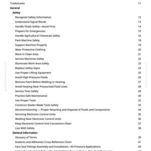 May include: A white page with a black table of contents. The table lists safety topics, including handling fluids, preparing for emergencies, and servicing machines. The page also includes a glossary and cross-reference charts.