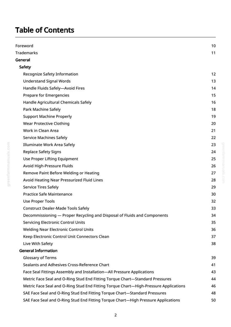 May include: A white page with a black table of contents. The table lists safety topics, including handling fluids, preparing for emergencies, and servicing machines. The page also includes a glossary and cross-reference charts.