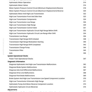 May include: A page from a manual with a list of technical terms related to hydraulic systems and transmissions. The text includes terms like "Pilot Valve," "Hydrostatic Motor Valves," and "Transmission Filter."