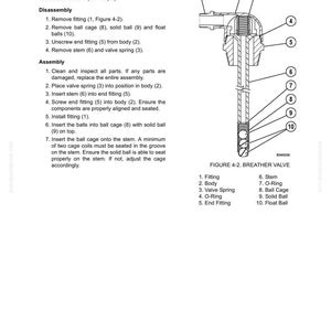 May include: Diagram of a fuel tank breather valve with labeled parts. The diagram includes a cross-section view of the valve, with labels for fitting, body, valve spring, O-ring, end fitting, stem, ball cage, solid ball, and float ball.