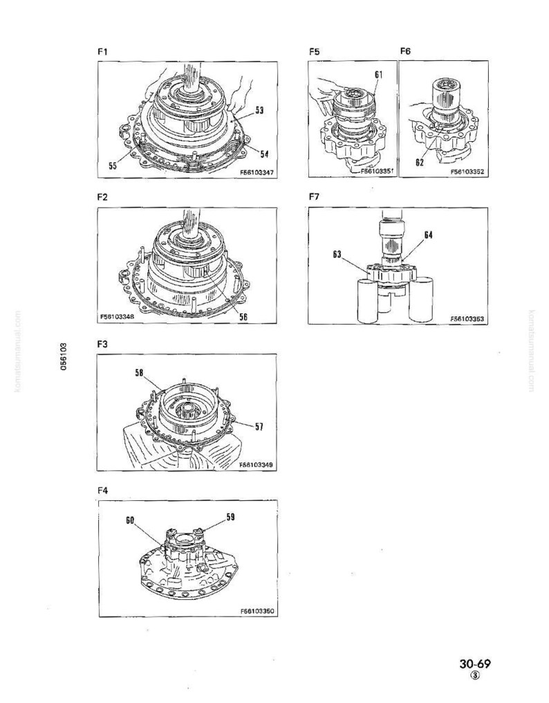 May include: Diagram of mechanical components, including gears, shafts, and housings. Various views show detailed assembly steps and part numbers. The image is a technical illustration, likely from a service manual.