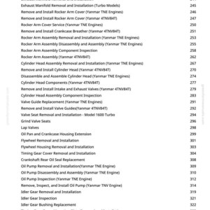 May include: A page from a manual with a list of engine repair procedures. Titles include "Engine Oil Cooler Removal and Installation", "Cylinder Head Assembly Removal", and "Oil Pump Removal and Installation". The page number is 5.