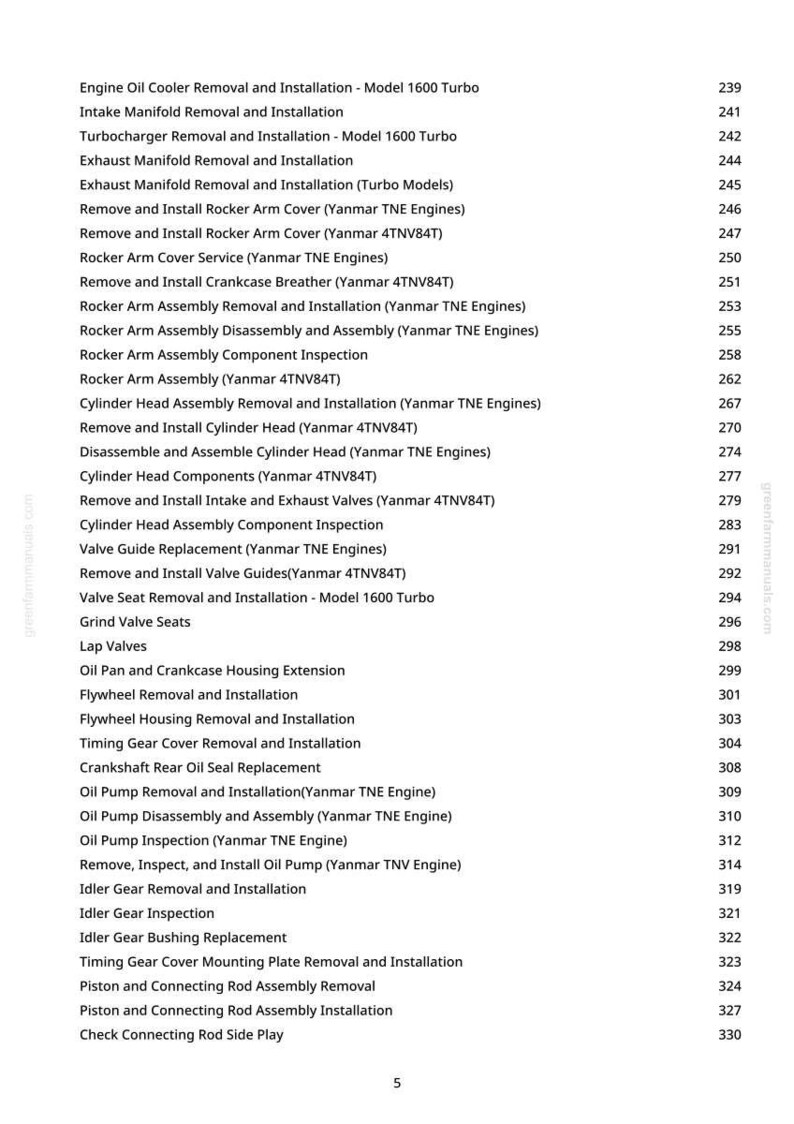 May include: A page from a manual with a list of engine repair procedures. Titles include "Engine Oil Cooler Removal and Installation", "Cylinder Head Assembly Removal", and "Oil Pump Removal and Installation". The page number is 5.