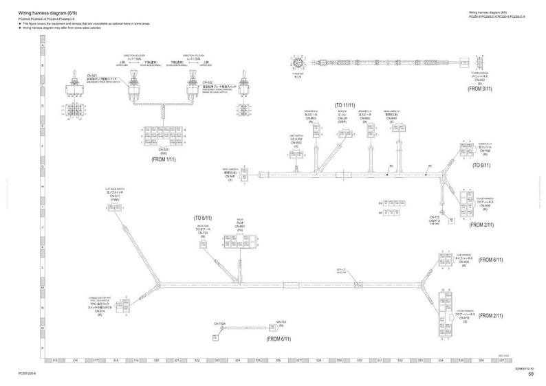 Pu&ograve; includere: Un diagramma dettagliato del cablaggio con vari componenti elettrici e testo giapponese. Il diagramma include interruttori, connettori e percorsi di cablaggio, il tutto in bianco e nero. Il testo "Wiring harness diagram (6/6)" &egrave; in alto.