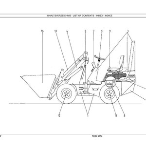 May include: Line drawing of a small front-end loader, with a bucket, wheels, and a seat. The drawing is labeled with numbers and includes the text "INHALTSVERZEICHNIS - LIST OF CONTENTS - INDEX - INDICE" at the top. The page number is "Seite: 2".