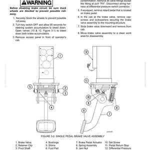 May include: Diagram of a single pedal brake valve assembly, with labels for each component. The diagram includes a warning about disabling the brake circuit and instructions for disassembly. The image is from a brake circuit component service manual.