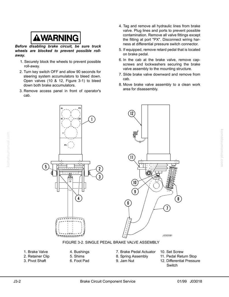 May include: Diagram of a single pedal brake valve assembly, with labels for each component. The diagram includes a warning about disabling the brake circuit and instructions for disassembly. The image is from a brake circuit component service manual.