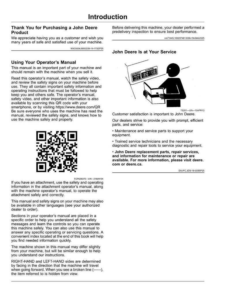 Puede incluir: Manual impreso titulado "Introducci&oacute;n" para un producto John Deere. El manual incluye informaci&oacute;n de seguridad, c&oacute;digos QR e instrucciones para el funcionamiento de la m&aacute;quina. Tambi&eacute;n presenta un gr&aacute;fico de una persona leyendo un manual.