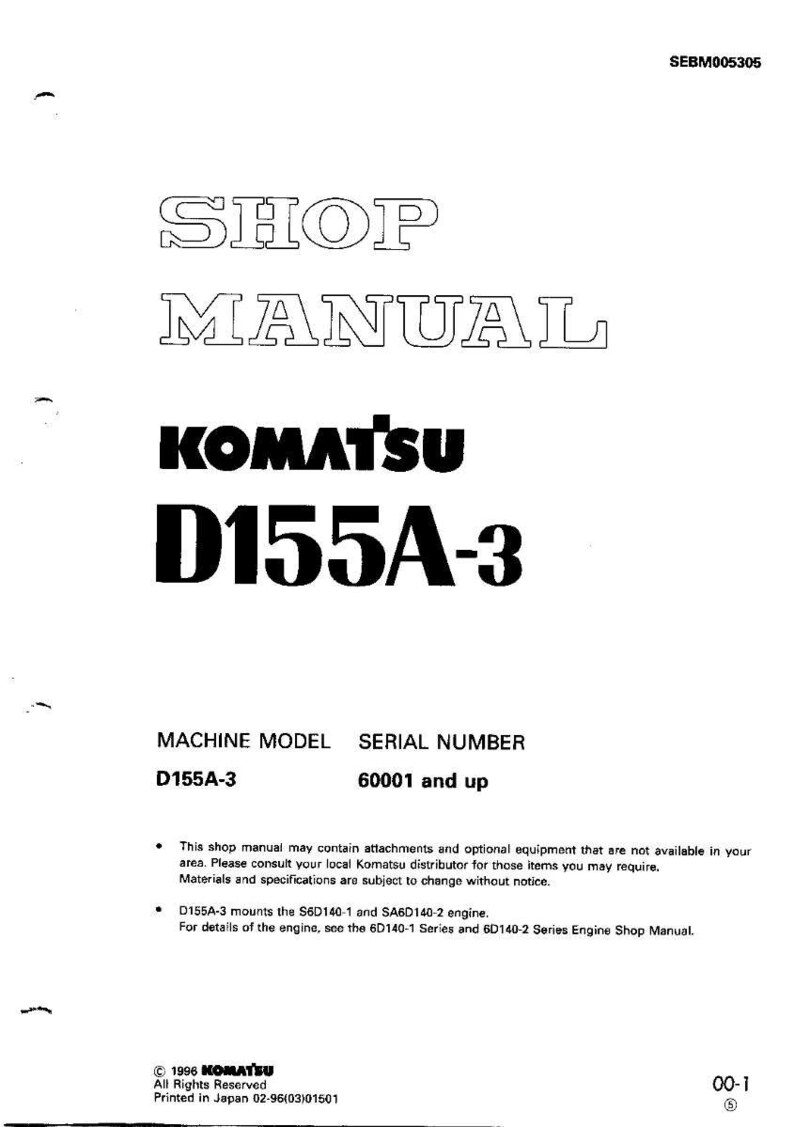 May include: A white shop manual with the text "SHOP MANUAL" in a bold, outlined font. The Komatsu logo and "D155A-3" are prominently displayed. Includes machine model and serial number information.