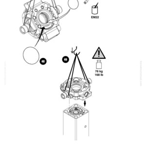 May include: Technical diagram of a Komatsu machine component. The image shows a detailed illustration of a mechanical part being assembled, with labels and measurements. The component is suspended by a hook, with a weight of 168 lb.