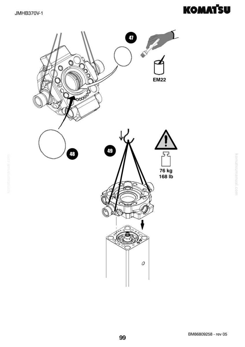 May include: Technical diagram of a Komatsu machine component. The image shows a detailed illustration of a mechanical part being assembled, with labels and measurements. The component is suspended by a hook, with a weight of 168 lb.