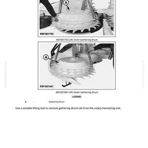 May include: Diagram of two gathering drums, labeled KM1001752 and KM1001841, with the text "Inner Gathering Drum" and "Outer Gathering Drum" respectively. The diagram includes a legend and instructions for removing the drums.