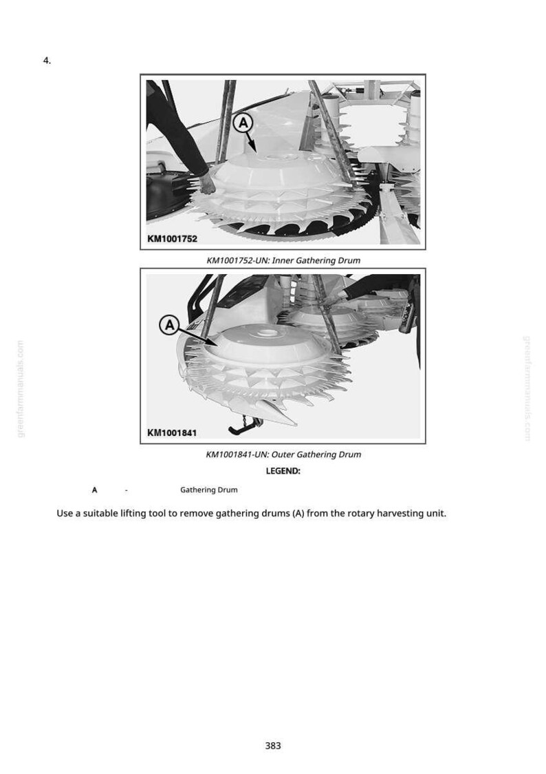 May include: Diagram of two gathering drums, labeled KM1001752 and KM1001841, with the text "Inner Gathering Drum" and "Outer Gathering Drum" respectively. The diagram includes a legend and instructions for removing the drums.
