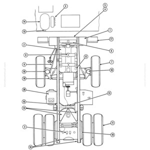 May include: Line drawing of a truck chassis, labeled with numbers. Features include wheels, fuel tanks, engine components, and the text "10 HOUR SERVICE". The image is a technical diagram.