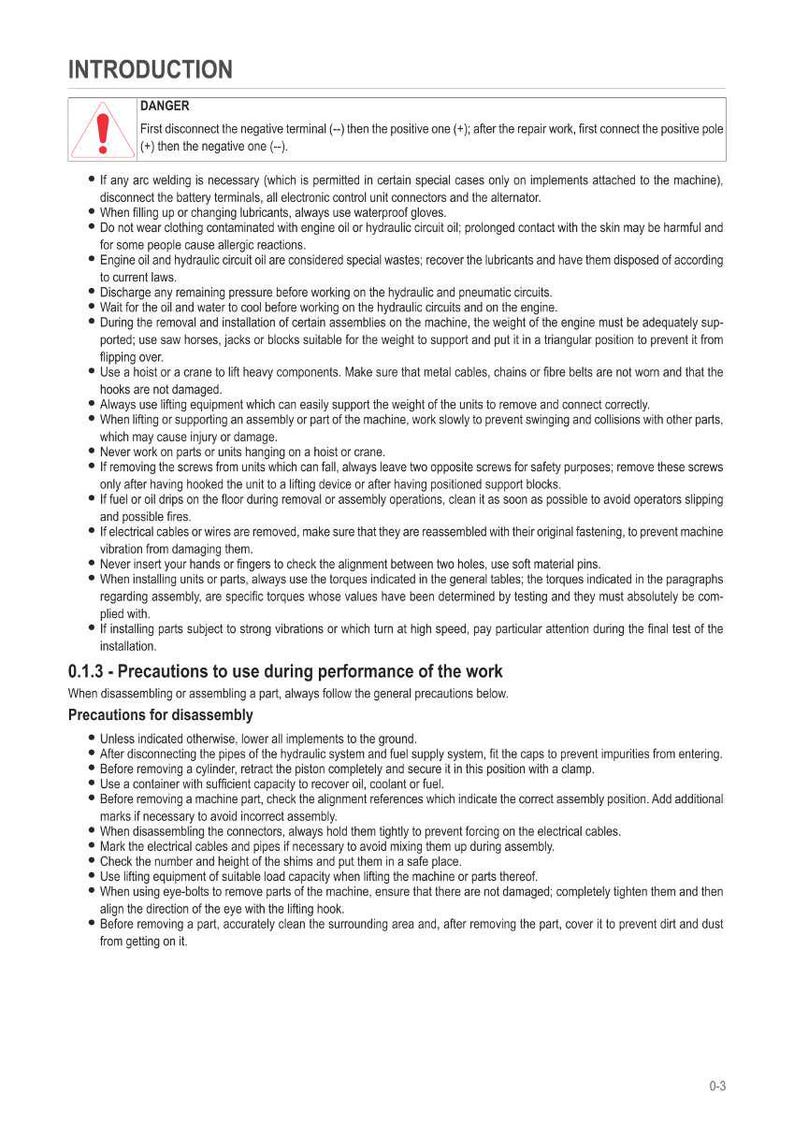 May include: A white page with black text detailing safety instructions and precautions for machinery operation. The text includes warnings, procedures, and guidelines for safe disassembly and assembly of parts. The document is titled "INTRODUCTION".