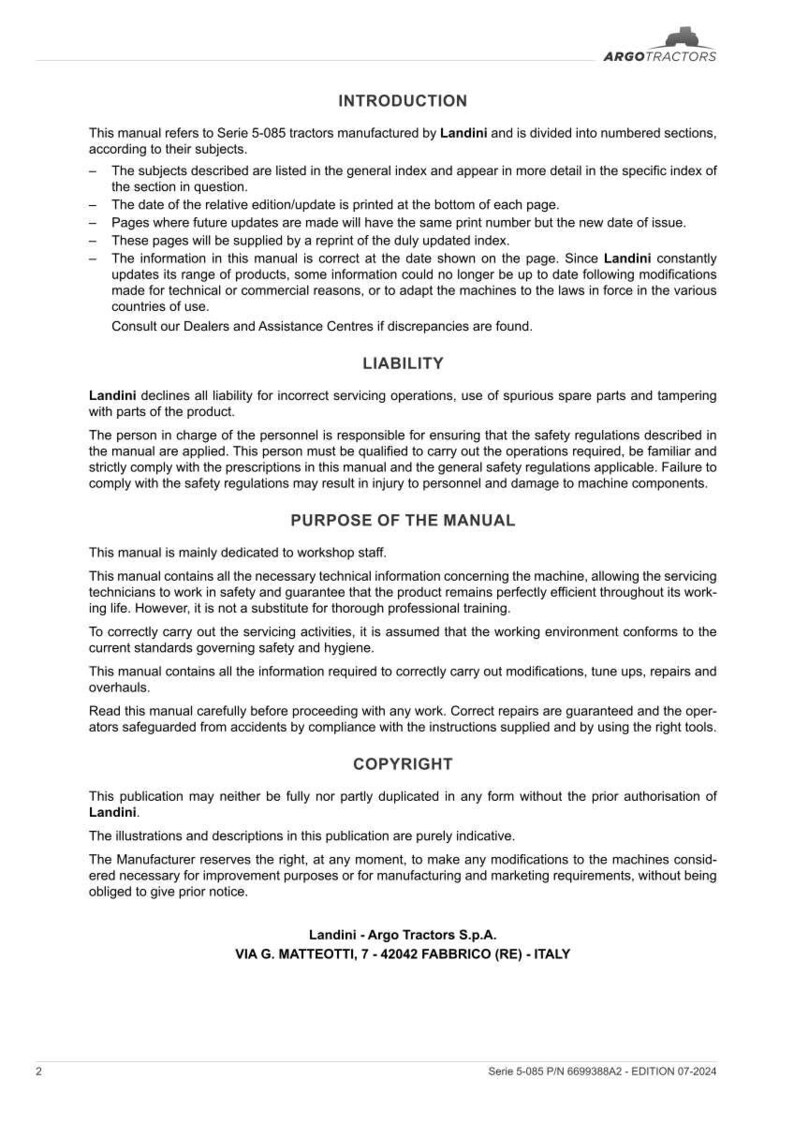 Op de afbeelding: Een gedrukte handleiding voor Serie 5-085 tractoren, met het Argo Tractors logo. Het document, in zwart op wit, bevat secties over inleiding, aansprakelijkheid en doel. Het biedt technische informatie en veiligheidsrichtlijnen.