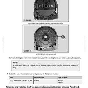 Pode incluir: Diagrama de instala&ccedil;&atilde;o da tampa da transmiss&atilde;o dianteira, com duas imagens detalhadas da tampa e componentes relacionados. Inclui especifica&ccedil;&otilde;es de torque de 60 N'm e 44 lb-ft. Instru&ccedil;&otilde;es de texto tamb&eacute;m est&atilde;o inclu&iacute;das.