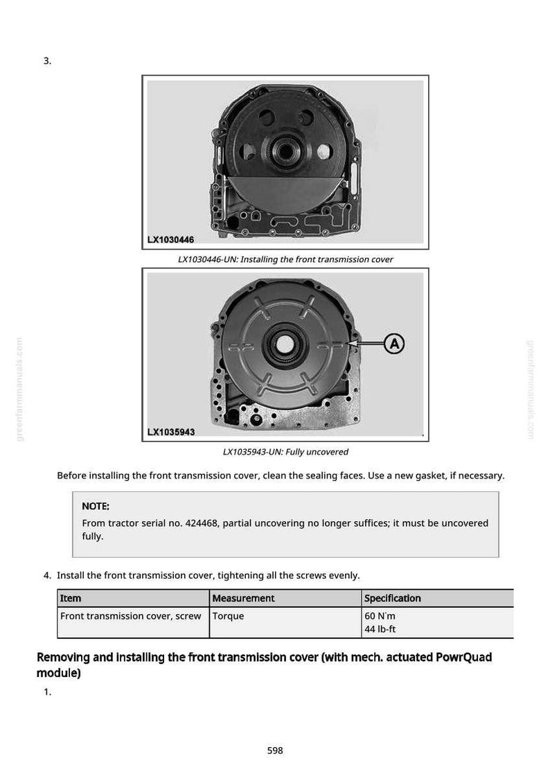 Pode incluir: Diagrama de instala&ccedil;&atilde;o da tampa da transmiss&atilde;o dianteira, com duas imagens detalhadas da tampa e componentes relacionados. Inclui especifica&ccedil;&otilde;es de torque de 60 N'm e 44 lb-ft. Instru&ccedil;&otilde;es de texto tamb&eacute;m est&atilde;o inclu&iacute;das.
