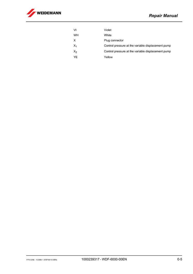 May include: A page from a repair manual featuring the Weidemann logo. The text includes "Repair Manual", and a list of terms such as "Violet", "White", and "Plug connector". The document number is 1000239317-WDF-6000-00EN.