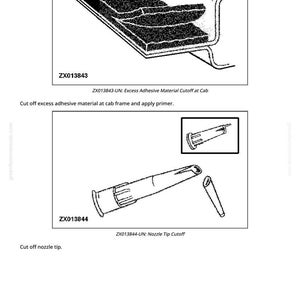 May include: Diagrams showing steps for cutting excess adhesive material and nozzle tip. The first diagram shows a layered section with the text "ZX013843" and "ZX013843-UN: Excess Adhesive Material Cutoff at Cab". The second diagram shows a nozzle with the text "ZX013844" and "ZX013844-UN: Nozzle Tip Cutoff".