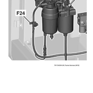 Puede incluir: Ilustraci&oacute;n de un conjunto mec&aacute;nico con dos componentes cil&iacute;ndricos, conectados por tuber&iacute;as y cableado. El texto "F24" es visible. La imagen tambi&eacute;n incluye el texto "TX1154334-UN: Frame Harness (W10)".
