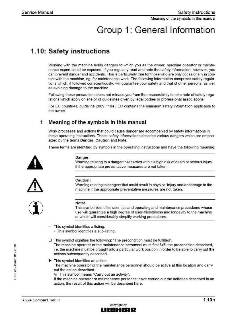 May include: A page from a service manual with the title "Safety Instructions" and "Group 1: General Information." The text explains safety symbols, including "Danger," "Caution," and "Note," with corresponding symbols.