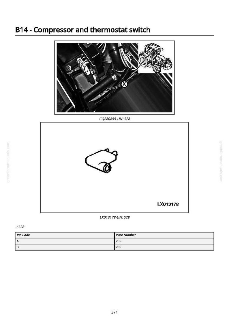 May include: Technical diagram showing a compressor and thermostat switch, marked B14. The image provides close-up views and a schematic. Text includes "CQ280855-UN: S28" and "LX013178-UN: S28".