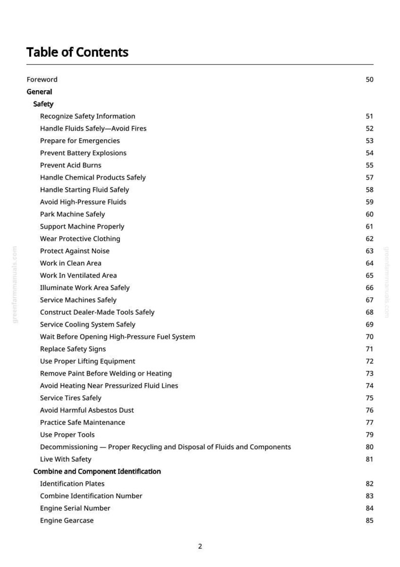 Puede incluir: Una p&aacute;gina de un manual titulada "Tabla de Contenidos". El texto enumera temas de seguridad como "Manejar fluidos de forma segura" y "Prevenir explosiones de bater&iacute;as". El n&uacute;mero de p&aacute;gina es visible en la parte inferior.
