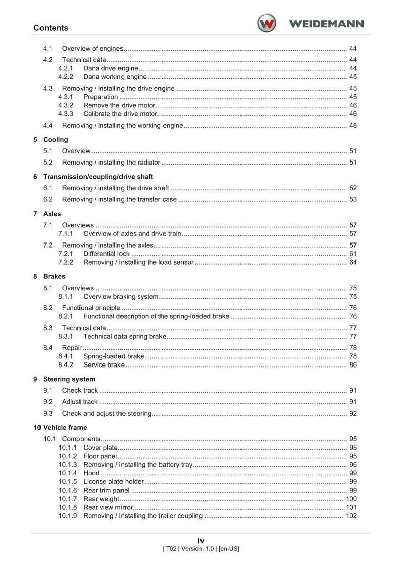 May include: A detailed table of contents from a Weidemann manual, listing sections on engines, cooling, axles, brakes, steering, and the vehicle frame. The document is in English.