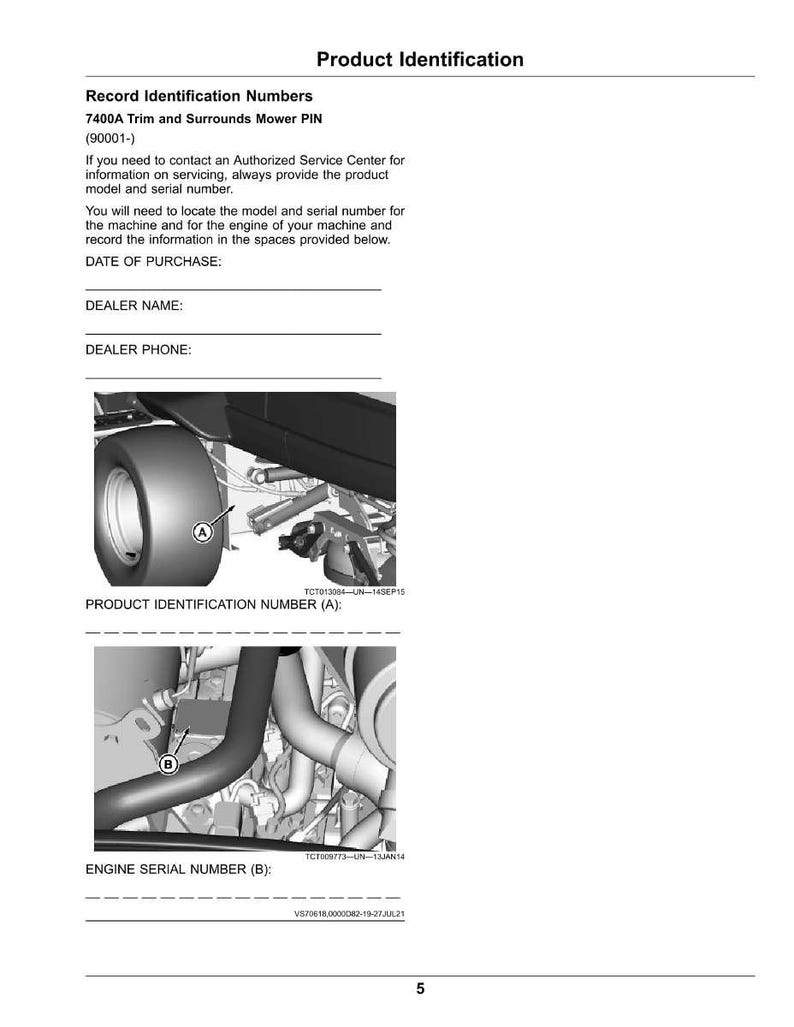 May include: A product identification document for a 7400A Trim and Surrounds Mower. The document includes sections for recording identification numbers, the date of purchase, dealer name, and dealer phone. It also shows diagrams of the mower.