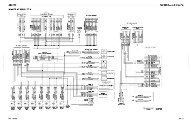 Puede incluir: Diagrama esquem&aacute;tico el&eacute;ctrico de un arn&eacute;s Komtrax, con etiquetas para varios componentes como servomotores y rel&eacute;s. El diagrama es en blanco y negro, con l&iacute;neas y s&iacute;mbolos que representan las conexiones el&eacute;ctricas.